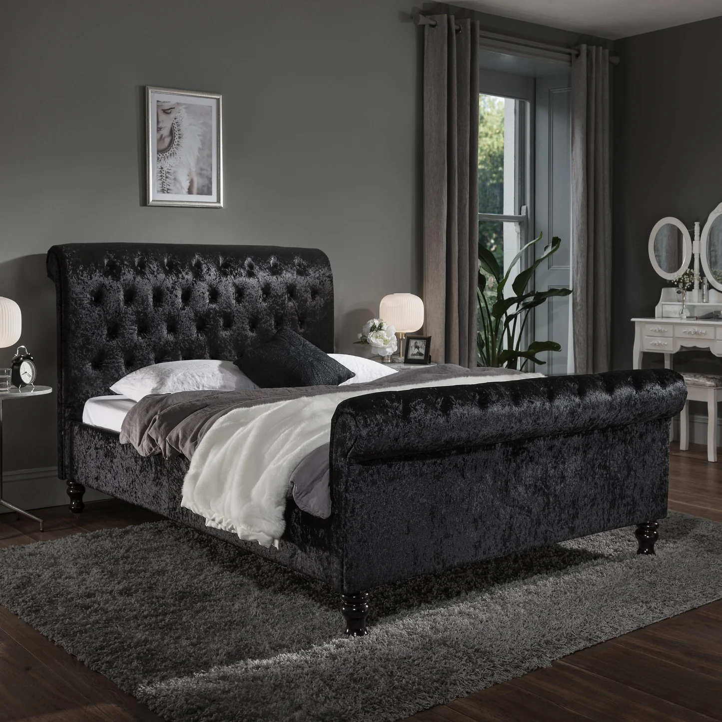 Black Crushed Velvet Sleigh Bed UK | Classic Sleigh Design | Shop Online | Free Delivery